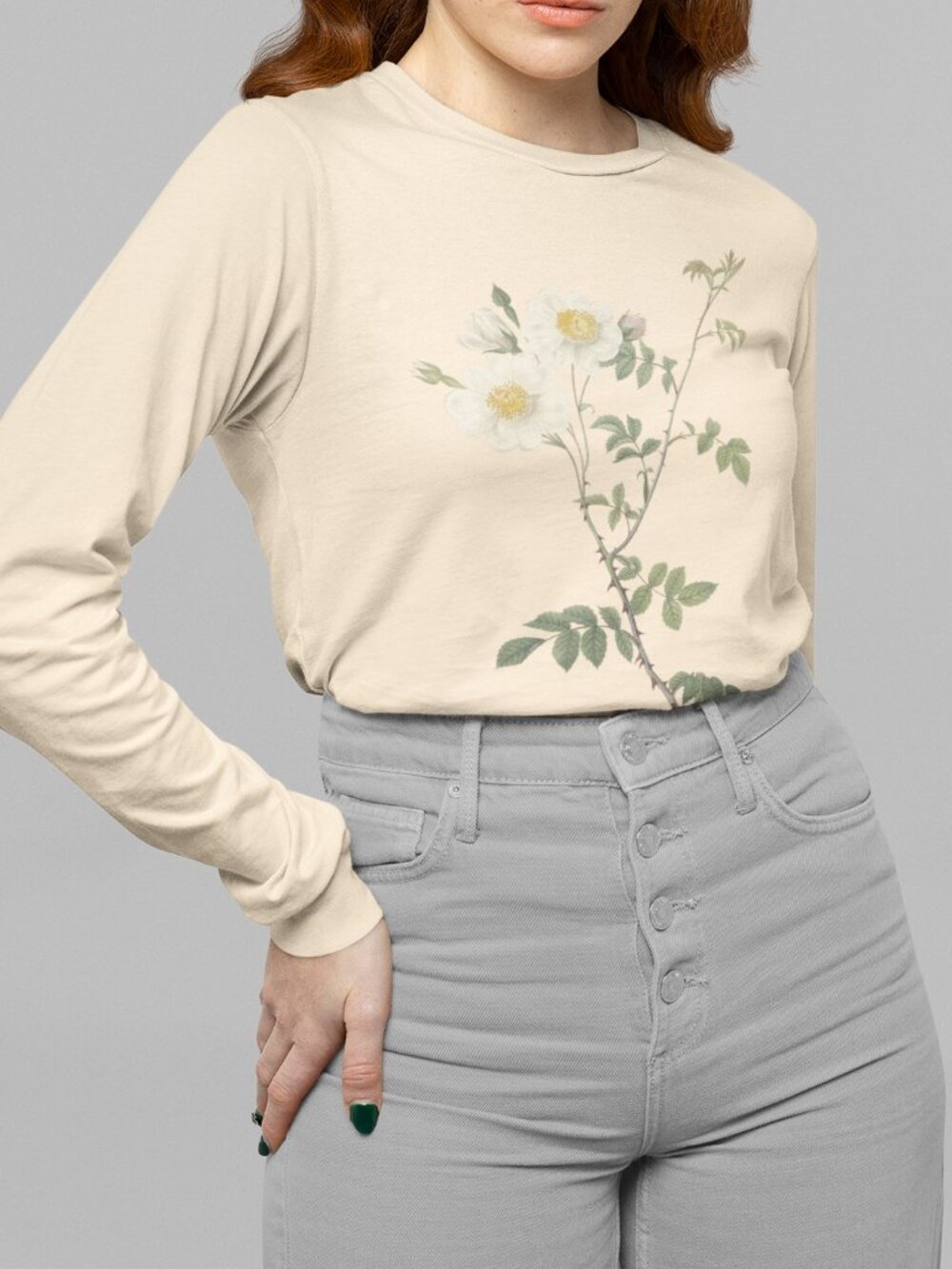 Rose Vintage Floral Print Long Sleeve Graphic Tee T-shirt S-XXL